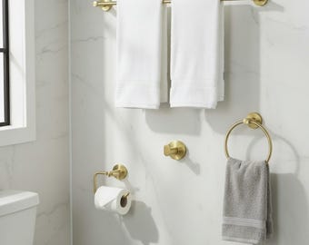 Brushed Gold Bath Hardware Set, Towel Bar, Paper Holder, Robe Hook, Aurelia Series
