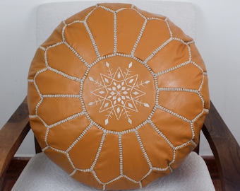 Tobacco Caramel Moroccan Leather Pouf Handmade Round Ottoman Footstool Ivory Embroidery Berber Floor Cushion Unstuffed Boho Tan Decor
