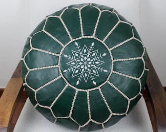 Green Moroccan Leather Pouf Small Handmade Round Footstool Cream Embroidery Berber Floor Cushion Unstuffed Cover Boho Decor Kids Room