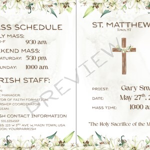 May include: A two-sided church bulletin template featuring white lily illustrations at the top and bottom. The left side lists Mass Schedule, Parish Staff, and contact information. The right side displays St. Matthews, a wooden cross, and event details.