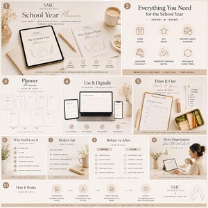 Könnte beinhalten: Ein digitales Schuljahresplaner-Set mit Tablet, ausgedruckten Seiten und Checklisten. Das Design enthält Abschnitte für Semestertermine, Essenspläne und Uniformlisten sowie Textbeschriftungen wie 'School Year Planner' und 'Everything You Need'.