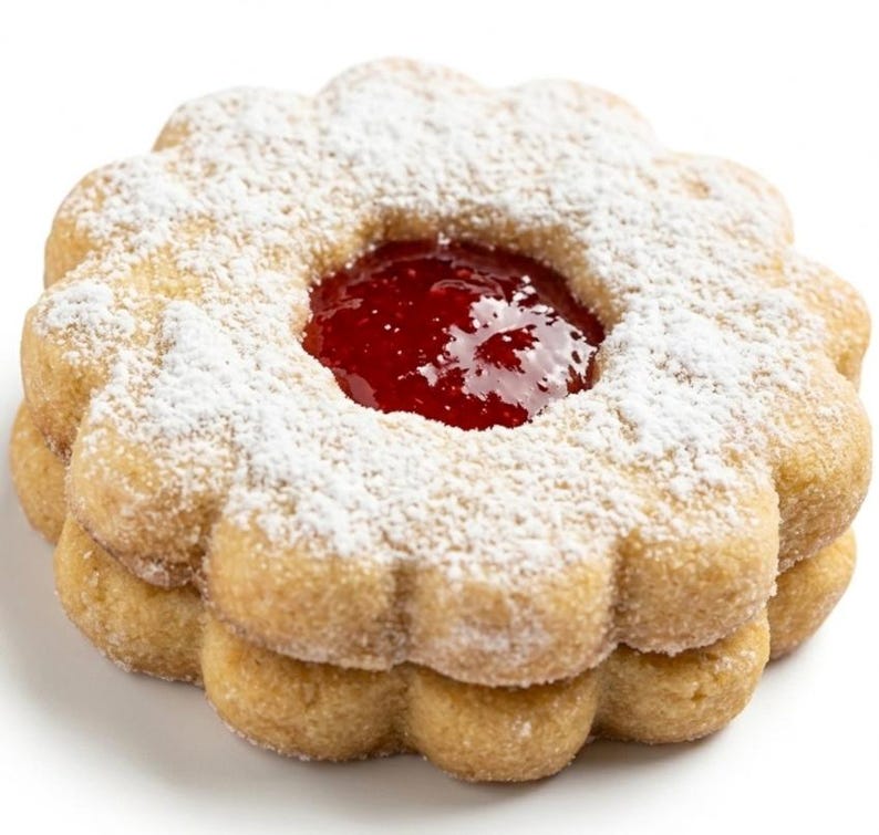 ~Raspberry Linzer Tart~  
Classic European-style Raspberry Linzer Tart Cookies made with a buttery almond shortbread crust and filled with vibrant raspberry preserves. Finished with a delicate lattice top and dusting of powdered sugar, each cookie offers a timeless balance of sweet and tart in every bite. Each pound includes approximately 36 cookies, making it perfect for gifting, entertaining, or elegant everyday indulgence.