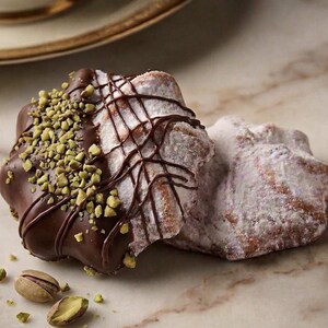 ~Chocolate Pistachio Spritz~  
An elevated Italian butter spritz cookie, handcrafted in small batches for a refined, melt-in-your-mouth experience. Lightly crisp with a tender center and subtle vanilla notes, each cookie is dusted with powdered sugar, partially dipped in rich chocolate, and finished with coarse pistachio for a luxurious finish to any dessert table.
Approximately 19 cookies per pound, made in small batches for consistent quality and elegant presentation.