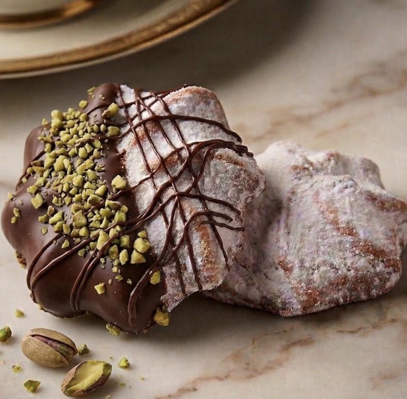 ~Chocolate Pistachio Spritz~  
An elevated Italian butter spritz cookie, handcrafted in small batches for a refined, melt-in-your-mouth experience. Lightly crisp with a tender center and subtle vanilla notes, each cookie is dusted with powdered sugar, partially dipped in rich chocolate, and finished with coarse pistachio for a luxurious finish to any dessert table.
Approximately 19 cookies per pound, made in small batches for consistent quality and elegant presentation.