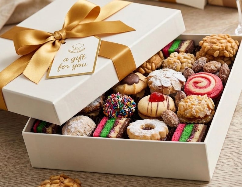 Pode incluir: Uma caixa de presente branca amarrada com uma fita dourada e uma etiqueta que diz "a gift for you". A caixa est&aacute; aberta, revelando uma variedade de biscoitos e doces coloridos, incluindo biscoitos arco-&iacute;ris e past&eacute;is cobertos com nozes.