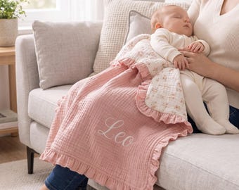 Personalized Floral Baby Blanket, Custom Name Embroidered Ruffle Blanket, Muslin Cotton Swaddle, Newborn Baby Gift, Nursery Keepsake