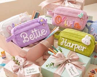 Personalized corduroy pencil case, zippered storage bag, back-to-school gift, children's birthday gift, stationery organizer, party gift