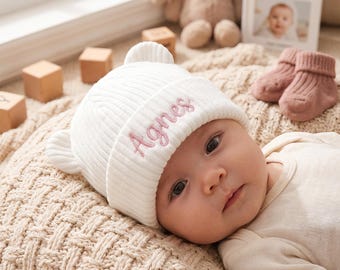 Gorro de bebé con orejas de oso personalizable, gorro bordado con nombre personalizado, gorro de punto suave para bebé, gorro de invierno con orejas de oso, regalo para recién nacido, regalo de Navidad