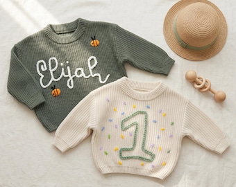 Handgefertigter Baby Pullover, personalisierte Name Pullover, Kleinkind Strick Pullover, erster Geburtstag Andenken Geschenk