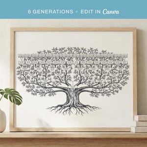 Może przedstawiać: Oprawiony wydruk drzewa genealogicznego z czarno-białą ilustracją drzewa. Gałęzie drzewa wypełnione są miejscami na imiona, a u góry znajduje się tekst "6 GENERATIONS • EDIT in Canva". Rama jest jasnobrązowa.