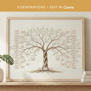 Può includere: Stampa di albero genealogico incorniciata con cornice in legno chiaro. L'albero ha un tronco contorto e rami con foglie verdi. Include il testo "6 GENERATIONS • EDIT in Canva". Piccole scatole rettangolari sui rami.