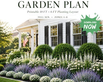 Plano de jardín estilo casa de campo blanca en PDF, diseño de parterre de flores a pleno sol, diseño paisajístico para el jardín delantero, borde de plantas perennes imprimible, plan de plantación para las zonas 4 a 8.