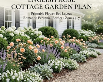 English Rose Cottage Garden Plan PDF, Printable Flower Bed Plan, Front Yard Perennial Border, Zones 4-8