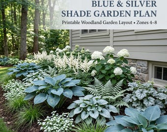 Plano de jardín Blue Silver Shade en PDF, diseño de plantación de base imprimible, guía de jardín de hostas, zonas 4-8