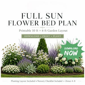 Full Sun Flower Bed Plan PDF, 10×6 Printable Garden Blueprint, Plant List, Zones 4–8, DIY Perennial Border Layout
