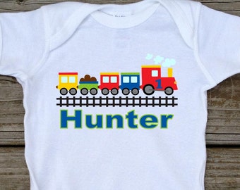 Personalized Little Boy's Birthday Shirt in Trains Transportation T-shirt Bodysuit in Blue Grey White Pink