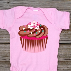 Cupcake T-shirt Shirt Bodysuit Cute Cupcake Shirt for Infant Baby Toddler Little Girl Pink Chocolate Cupcake Birthday Cupcake Shirt image 2