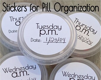 Pills Organization 2" Round Stickers 7 Day DOW Blank Date for Large Capacity Meds RX Pharmacy Organizers -  a.m. p.m. morning midday night