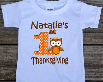 Personalized 1st Thanksgiving Baby T-shirt Bodysuit Girl Owl Pumpkin Tshirt Cute Infant First Thanksgiving Shirt White Blue Pink Gray