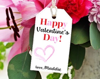 Happy Valentine's Day Heart Gift Tags - PRINTED AND PERSONALIZED - White Cardstock -  Choice of Twine Included - Love Party Friends School