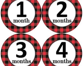 Baby Monthly Milestone Growth Stickers Red Black Buffalo Plaid Rustic Outdoor Lumberjack Nursery Theme MS953 Baby Shower Gift Photo Props