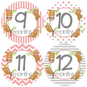 May include: Four round baby milestone stickers with a sloth design. Each sticker has a different number from 9 to 12 with the word "months" underneath. The stickers have different patterns: pink and white stripes, gray and white polka dots, pink and white chevron, and gray and white stripes.
