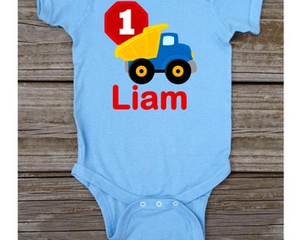 Personalized Little Boy's 1st Birthday Shirt in Construction Dump Trucks T-shirt or Bodysuit in Blue Grey White Pink