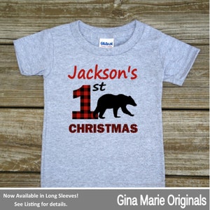 Personalized 1st First Christmas Red Black Buffalo Plaid Bear Rustic Woodland Outdoor Tshirt or Bodysuit