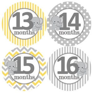 2e tweede jaar 13-24 Baby maandelijkse mijlpaal groei Stickers grijs geel olifant kwekerij thema MS212 Baby Boy Girl douche cadeau Baby