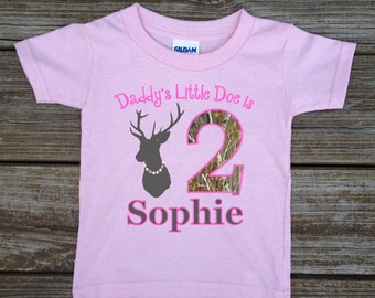 Daddy's Little Doe Deer Girl's Birthday T-shirt or Bodysuit in Camo Deer Pink Grey Hunter Hunting Kids Camo Deer Birthday T-shirt