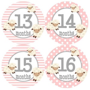 2e tweede jaar 13-24 Baby maandelijkse mijlpaal groei Stickers roze grijs Lamb Nursery thema MS530 Baby Boy Girl douche cadeau Baby Foto Prop