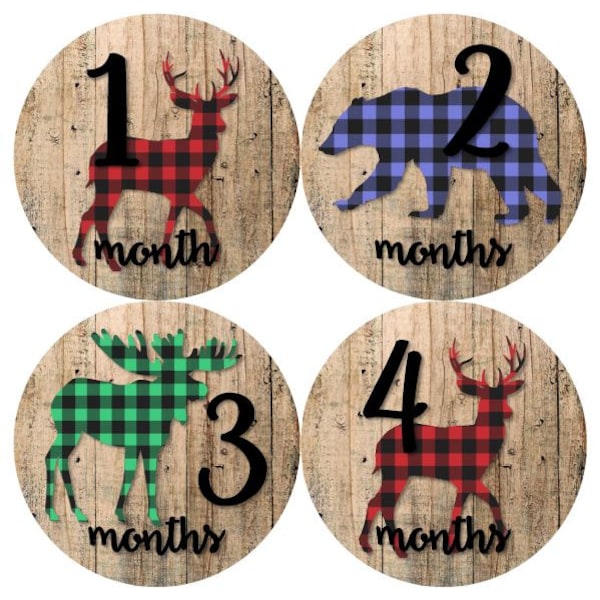 Baby Monthly Milestone Growth Stickers Red Blue Green Black Buffalo Plaid Wood Deer Moose Bear Rustic Lumberjack Woodland MS854