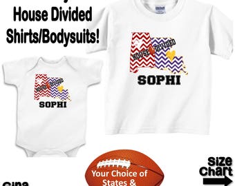 Personalized House Divided Football Alabama Louisiana Love Family Baby Kids Adults T-shirt Bodysuit - Your Choice of States & Colors