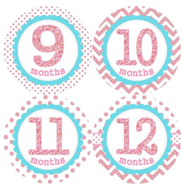 Baby Monthly Milestone Growth Stickers Pink Glitter Dots Chevrons Aqua ...