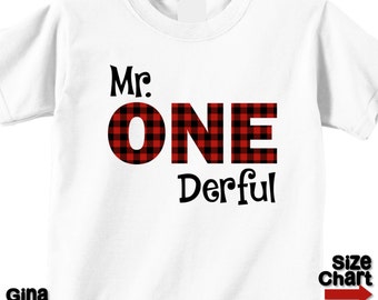 1st First Mr. One derful Onederful 1 Birthday Dark Red Black Buffalo Plaid Rustic Woodland Outdoor Lumberjack T-shirt Shirt Bodysuit