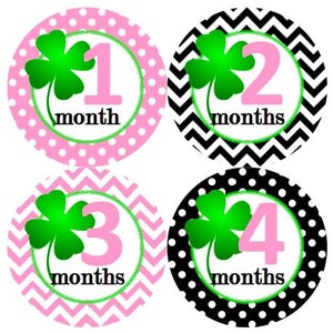 Baby maandelijkse mijlpaal groei Stickers in roze groen zwart 4 vier Leaf Clover MS938 kwekerij thema Baby douche cadeau babyfoto