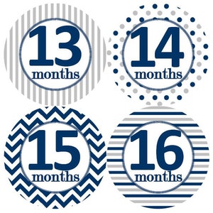 Baby 13-24 2e tweede jaar maandelijkse mijlpaal groei Stickers Marine grijs witte stippen strepen punthaken MS100 kinderkamer thema Baby Boy douchegift
