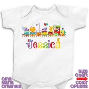 Personalized Zoo Train Birthday Party T-shirt Bodysuit Boy Girl Jungle Train Shirt Lion Elephant Hippo Giraffe Monkey Balloons