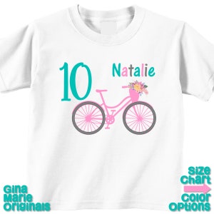Personalized Bicycle Bike Biking Cycling Birthday T-Shirt or Bodysuit for Kids Girl Shirt in White, Grey, Blue, or Pink