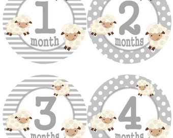 Baby Monthly Milestone Growth Stickers Grey Lamb MS515 Nursery Theme Baby Boy Girl Shower Gift Baby Photo Prop