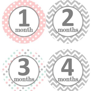 Baby Maandelijkse Mijlpaal Groei Stickers Lichtroze Mint Stippen Grijze Punthaken Kwekerij Thema MS122 Kraamcadeau Baby Foto Prop