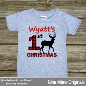 Personalized 1st First Christmas Red Black Buffalo Plaid Deer Rustic Woodland Outdoor Tshirt or Bodysuit