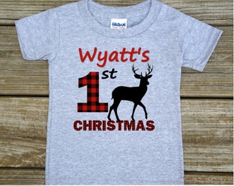 Personalized 1st First Christmas Red Black Buffalo Plaid Deer Rustic Woodland Outdoor Tshirt or Bodysuit