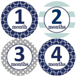 Baby maandelijkse mijlpaal groei Stickers Navy Mint grijs stippen strepen pleinen MS151 kwekerij thema Baby Boy Girl douche cadeau Baby Foto Prop