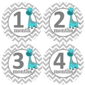 Baby maandelijkse mijlpaal groei Stickers turkoois met grijs punthaken giraffen kinderkamer thema MS816 Baby Boy douche cadeau Baby Phot