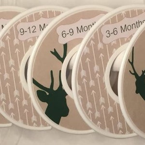 Baby Closet Dividers Organizers Beige Tan with Hunter Green Deer Silhouettes White Arrows and Green Font/Frame CD833 Tribal Nursery