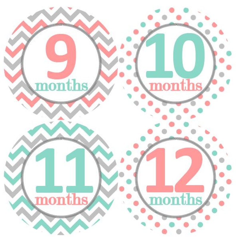 Coral Pink Baby Monthly Milestone Growth Stickers in Aqua Grey Dots Chevrons Nursery Theme MS119 Baby Shower Gift Baby Photo Prop