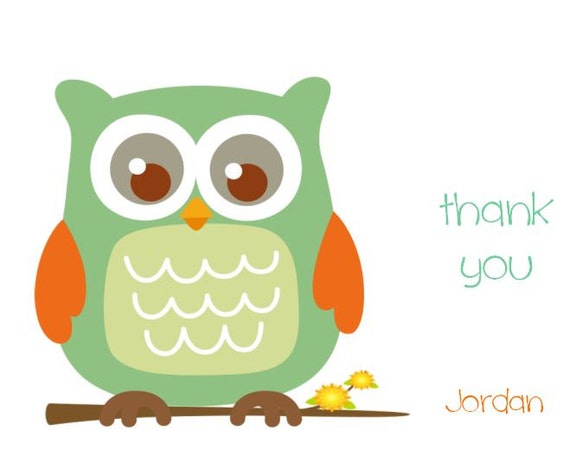 10 Personalized Green Orange Owl Stationery Notecards Note Thank