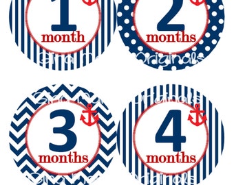 Baby Monthly Milestone Growth Stickers Nautical Navy Red Anchor Nursery Theme MS600 Baby Shower Gift Baby Photo Prop