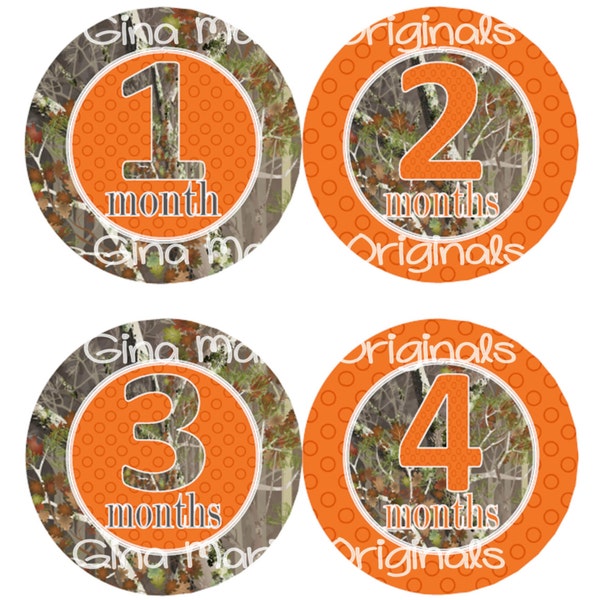 Baby Monthly Milestone Growth Stickers in Camo with Orange Dots MS555 Baby Boy Girl Shower Gift Nursery Oak Hunter Woodland Trees